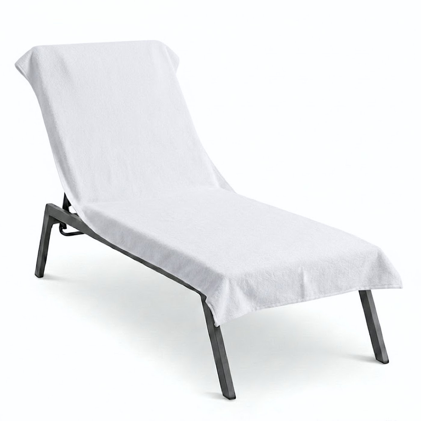White terry chaise lounge cover fitted on a pool lounger