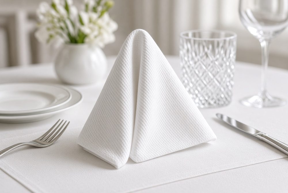Folded white napkin at a formal table setting