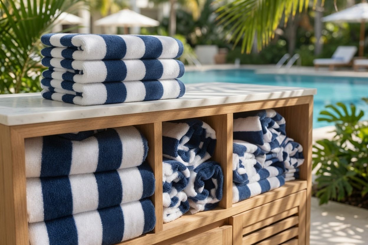 Striped cabana towels stacked poolside at a resort